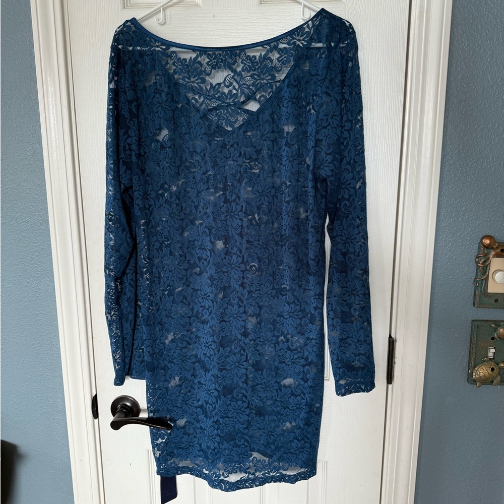Fox & Royal City Lace Sheer Chemise Stretch Long Sleeves In Poseidon Sz L 20w